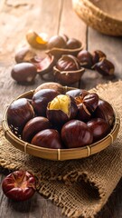 Roasted chestnuts in a wicker basket on burlap cloth, rustic wooden table