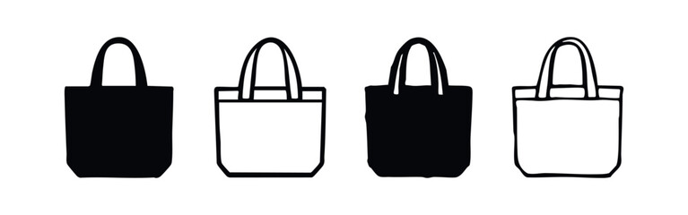 Tote Bag Icon Set. Reusable Shopping Bag Silhouette and Outline Vectors for Eco-Friendly Lifestyle.