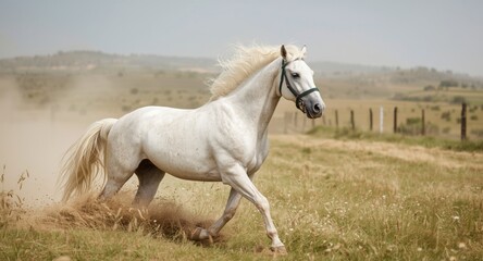 Obraz premium Commanding white horse amid ranch haze exuding power and racing spirit