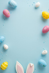Happy Easter vertical composition with decorated pastel egg and bunny ears on a soft blue...