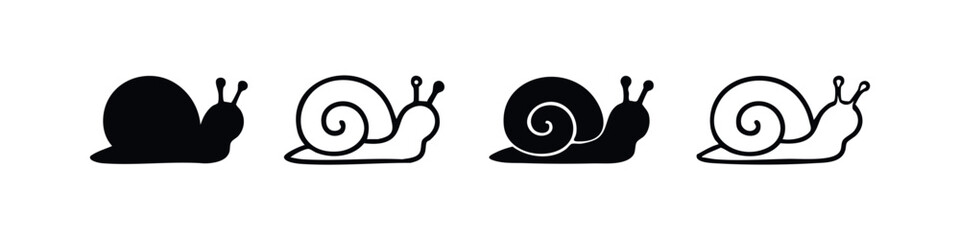 Snail Icon Set. Black and white illustration of garden snails in silhouette and outline. © liubomir118809