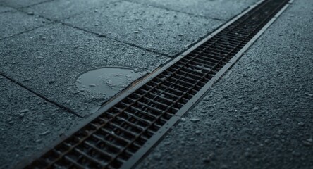 Fototapeta premium Close observation of rainwater drain on flat roof with waterproof coating and adjacent gutter channel