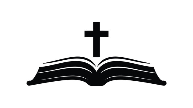 Open bible with cross symbol on white background for faith and religion concepts