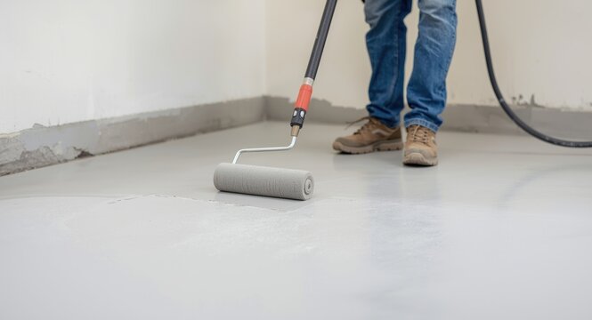 Concrete flooring repair solutions with roller priming for smooth surface
