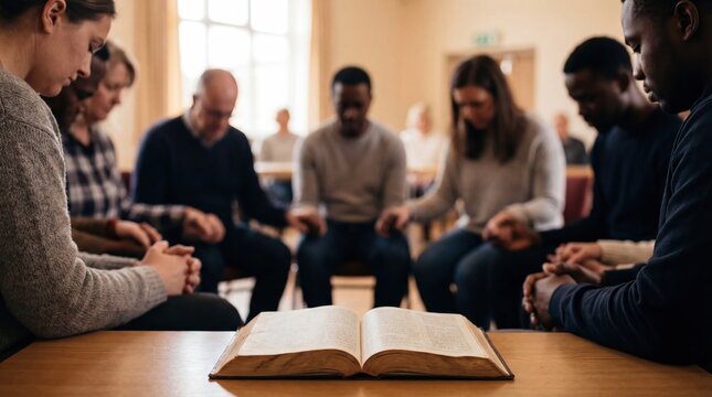 A group of diverse people praying together in a room. A large open Bible is placed on a table in front of them. The atmosphere is calm and reflective.