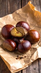 Roasted chestnuts, one sliced open, displayed on crinkled tan paper on wooden planks