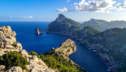A scenic coastal vista features rocky formations, lush greenery, and the expansive blue sea under a partly cloudy sky
