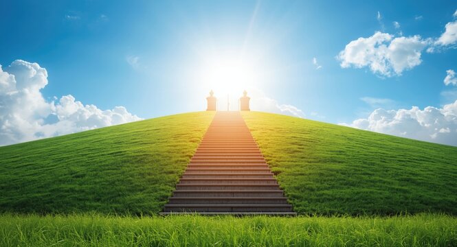 An impressive staircase leading to sublime heavenly gates beneath a bright blue sky