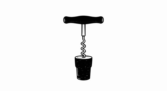 A black t-shaped corkscrew is inserted into a cork stopper