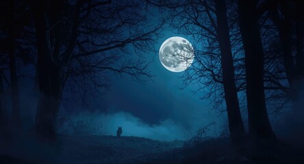Fototapeta premium Copy space for text on mysterious misty forest with owl and full moon at night
