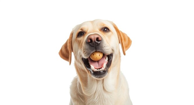 Cheerful yellow Lab dog catching a snack with open jaws in front of a simple white background
