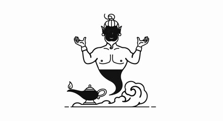 Obraz premium A stylized genie emerges from a lamp, arms outstretched