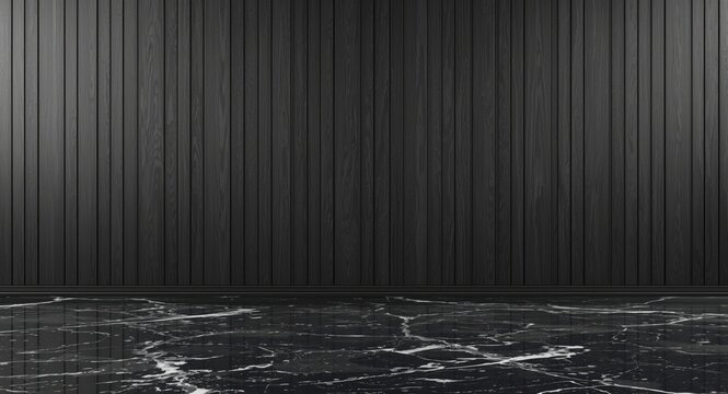 Dark wooden wall contrasts with glossy marble floor in a modern backdrop with copy space