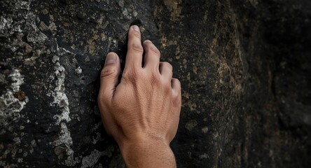 Close up image of climber hand gripping coarse textured rock with visible veins and skin details outdoors