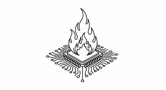 Illustration of a computer processor engulfed in flames
