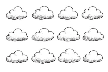 Obraz premium Seamless pattern with hand-drawn sketch clouds on a white backdrop, suitable for various creative designs, backgrounds, or illustrations, conveying a light and whimsical feel.