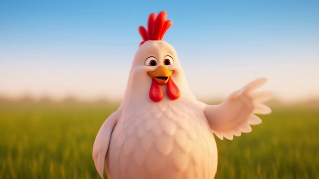 Cheerful cartoon chicken waving on green field against blue sky adorable animated bird farm animal concept for kids and family