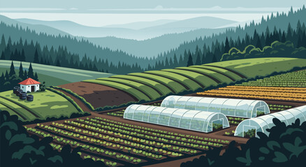 A captivating vector illustration of a vast, rolling farmland with greenhouses and tractors, showcasing a serene rural landscape © Purnomo