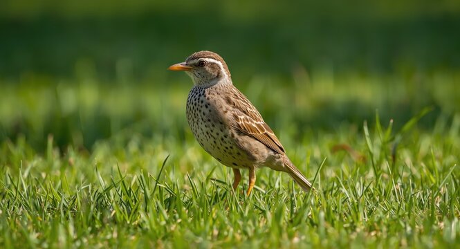 Calm corn crake male standing on fresh green grass lawn in bright early summer