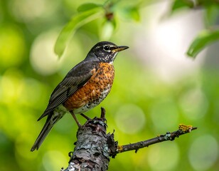 Robin perched on lichen-covered branch against a vibrant green foliage backdrop