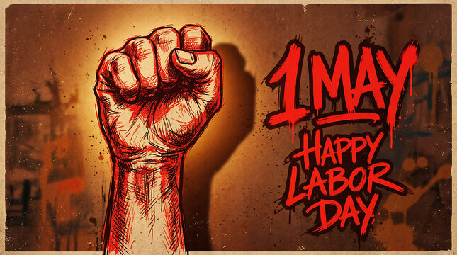 Raised fist celebrating international workers' day with bold red text on grunge background