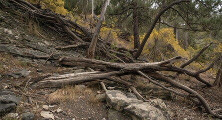 Fototapeta premium Ancient petrified tree remains discovered in volcanic park environment