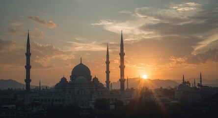 Soft morning glow bathing a mosque under awakening sky
