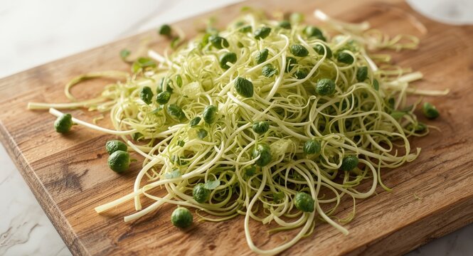 Broccolini sprouts scattered on wooden cutting board with white background ideal for food recipe photos