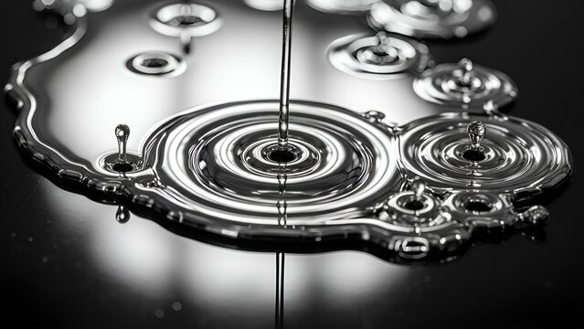 Liquid metal texture with swirling mercury drops on black background