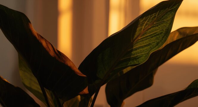 Close up view of tropical alocasia odora foliage bathed in warm golden sunset light indoors