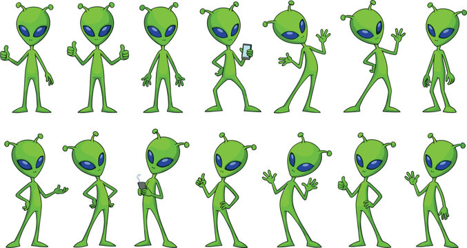 Green alien character vector set featuring a friendly extraterrestrial in various poses including waving, holding a phone, and giving a thumbs up.