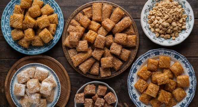Assorted traditional Azerbaijani sweets including baklava mutaki and shakarbura for Novruz celebration