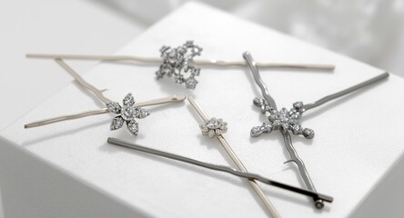 Assorted metal hairpins presented on a smooth white platform