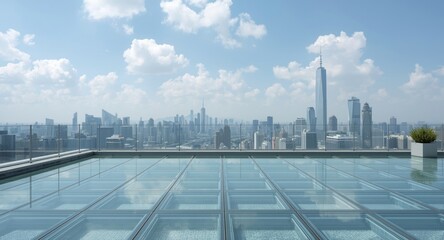 Obraz premium Contemporary rooftop space with clear glass floor panels offering panoramic cityscape visibility