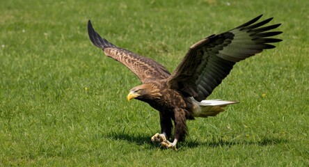 Cheerful pet golden eagle performing soaring play over a fresh green grass lawn under summer sunlight full length