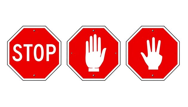 Three red, octagon-shaped signs with varying white symbols, including the word STOP and two hand signals