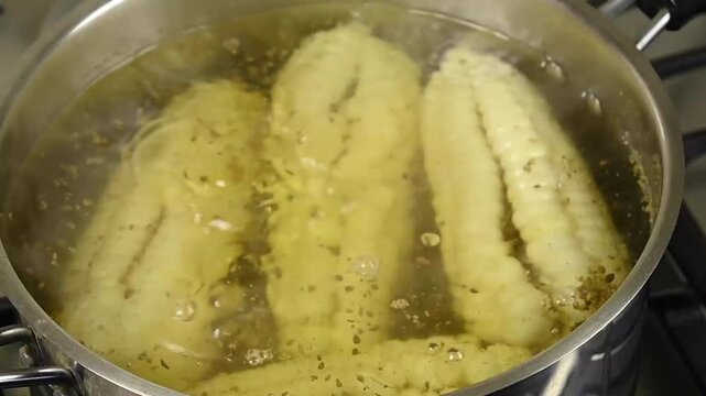 Cardoons with spices boiling in a stainless steel pot on a gas stove for a healthy meal