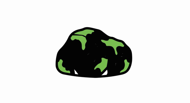 Abstract depiction of a black, lumpy object with irregular green patches