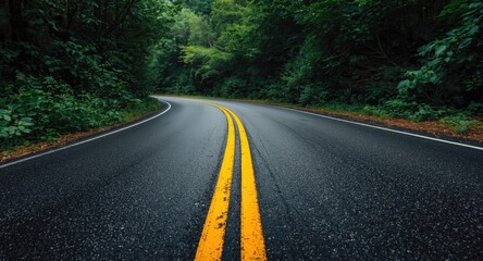 Fototapeta premium Dynamic shot of a winding asphalt lane highlighted by bright yellow centerline wrapped in dense green vegetation showing texture