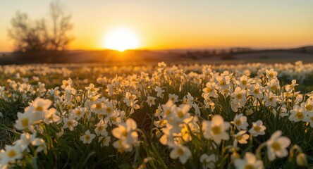 Naklejka premium Bright field of blooming white narcissus under a golden sunset with a peaceful landscape background