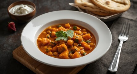 Classic chickpea and sweet potato stew served with fresh flatbread
