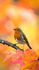 Obraz premium Robin sits on a branch amidst vibrant autumn leaves, blurred bright orange background