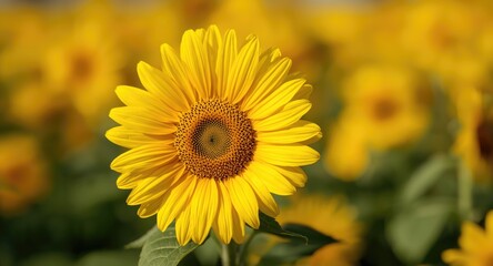 Fototapeta premium Bright yellow sunflower blooming vibrantly under warm summer sunshine with soft delicate petals