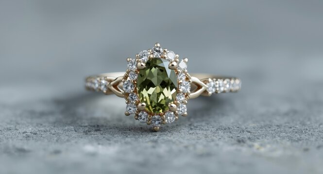 Elegant engagement ring decorated with chrysolite and delicate hearts focusing on the precision of jewelry making techniques