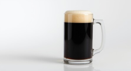 Dark stout beer with frothy head in a mug against bright white surface