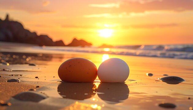 Two eggs on a sandy beach during a vibrant sunrise, with gentle waves and rocky cliffs in the background