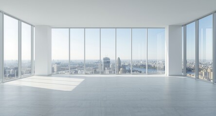 Fototapeta premium Empty contemporary space framed by oversized windows presenting downtown panorama