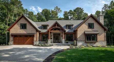Obraz premium Contemporary residence featuring a gable end with twin windows and shingled wall exterior