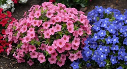 Fototapeta premium Charming garden mix of double mania Calibrachoa flowers alongside blue lobelia