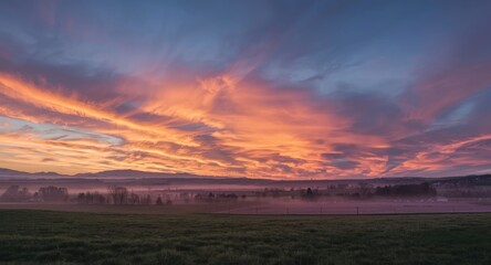 Obraz premium Colorful sunset cloudscape lighting up the dusk sky with a peaceful land below